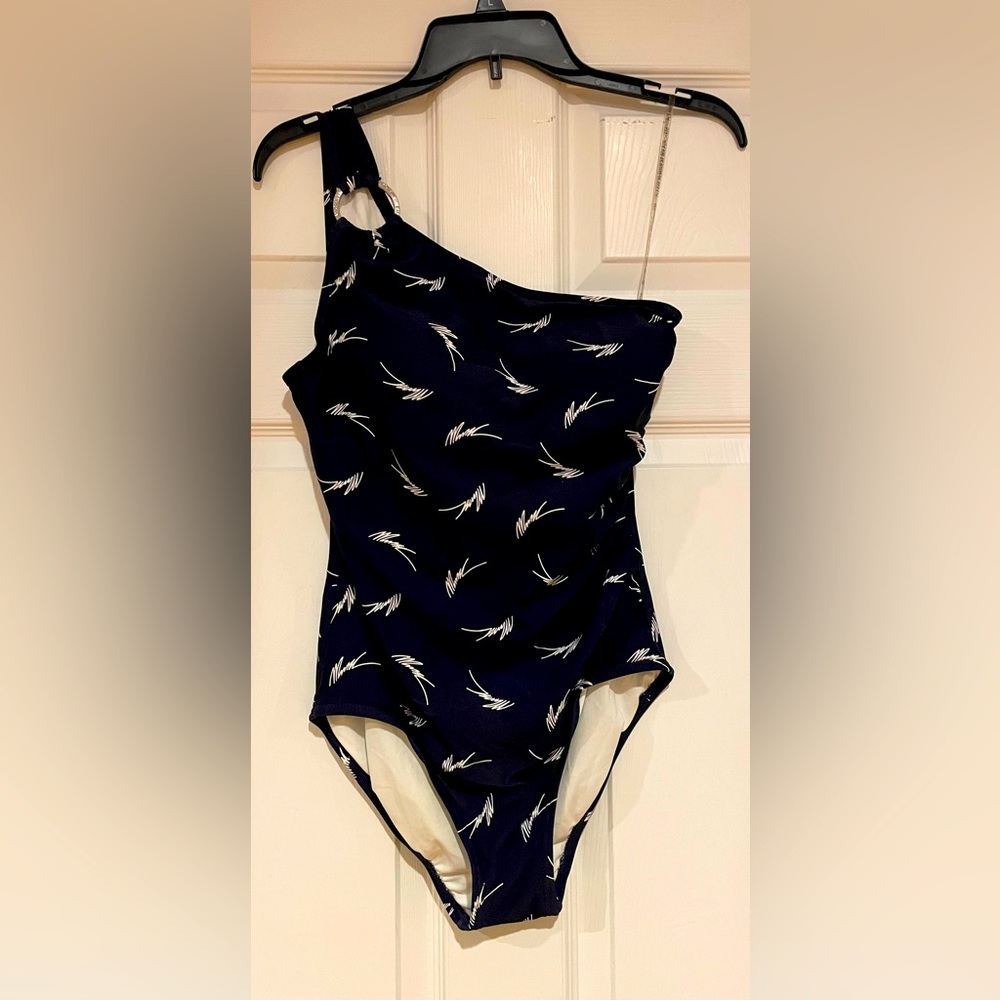 Michael Kors One-Shoulder Navy Swimsuit with White Leaf Pattern